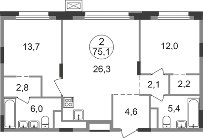 Квартира 75,1 м², 2-комнатная - изображение 1