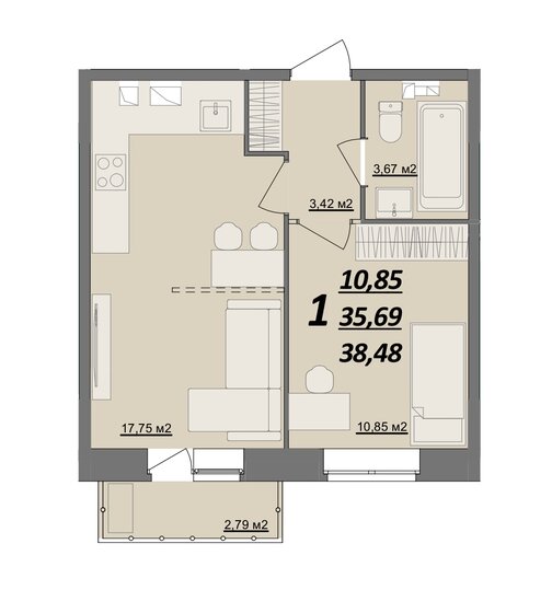 38,5 м², 1-комнатная квартира 3 386 240 ₽ - изображение 1