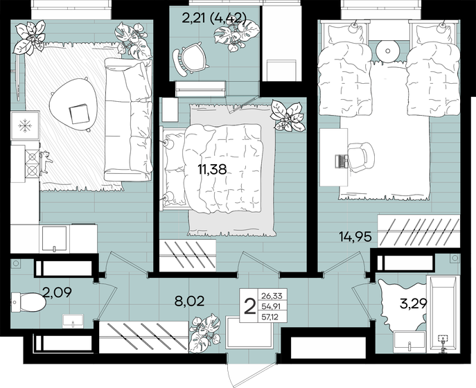 57,1 м², 2-комнатная квартира 9 653 280 ₽ - изображение 39