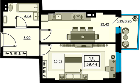 Квартира 39 м², 1-комнатная - изображение 1