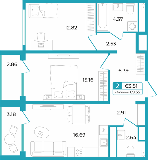 63,5 м², 2-комнатная квартира 8 680 000 ₽ - изображение 1