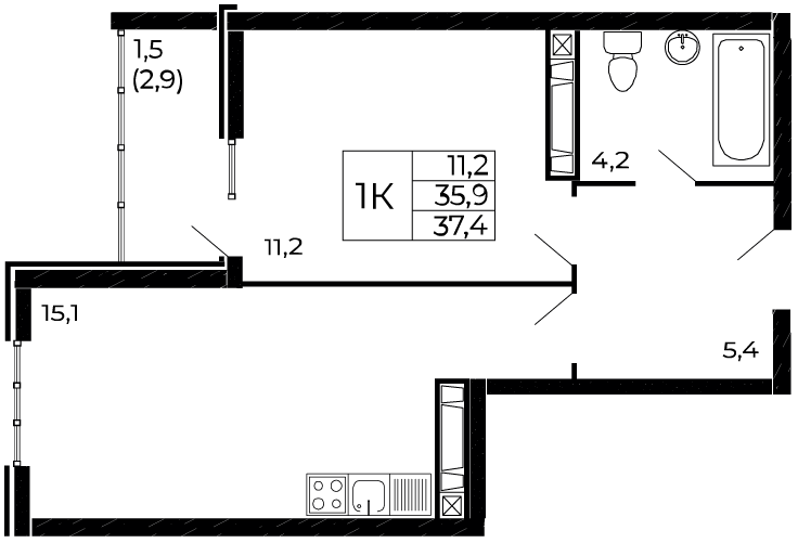 37,4 м², 1-комнатная квартира 4 431 900 ₽ - изображение 1