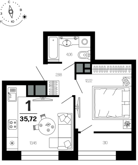 35,7 м², 1-комнатная квартира 4 782 715 ₽ - изображение 1
