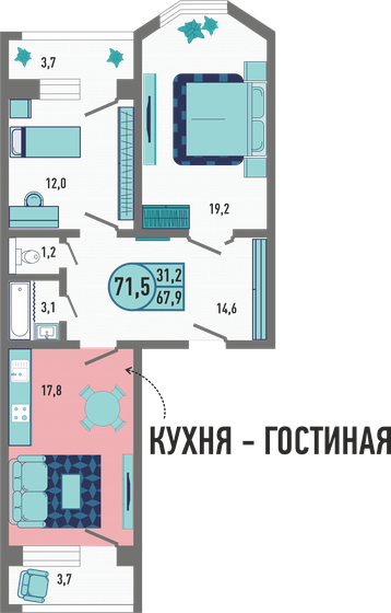 71,5 м², 2-комнатная квартира 7 843 550 ₽ - изображение 21