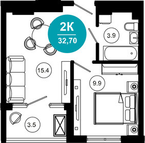 Квартира 32,7 м², 2-комнатные - изображение 1