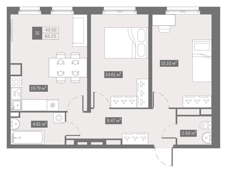 66,2 м², 2-комнатные апартаменты 10 686 343 ₽ - изображение 1