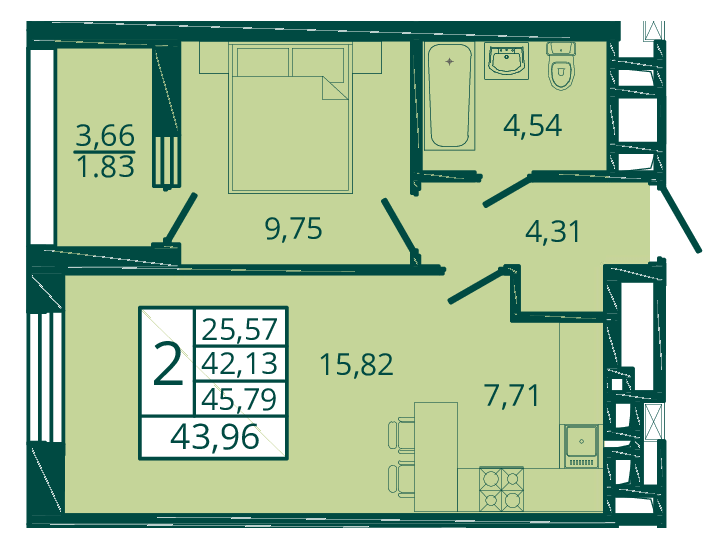 44 м², 2-комнатная квартира 7 165 480 ₽ - изображение 1