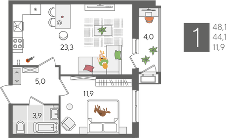 Квартира 48,1 м², 1-комнатная - изображение 2