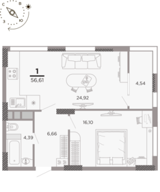 Квартира 56,6 м², 1-комнатная - изображение 1