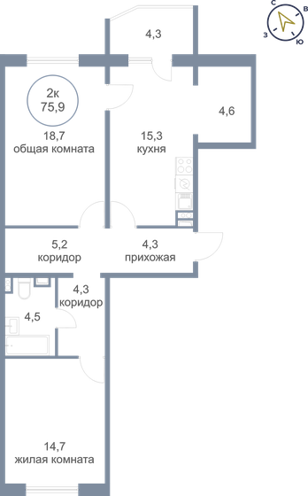 75,9 м², 2-комнатная квартира 6 900 000 ₽ - изображение 1