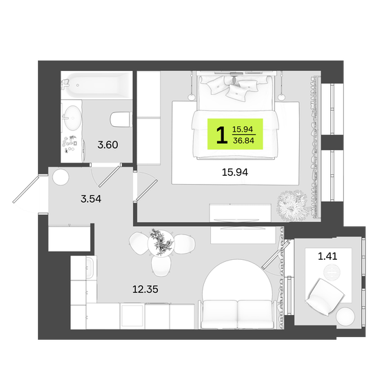 36,8 м², 1-комнатная квартира 6 078 600 ₽ - изображение 1