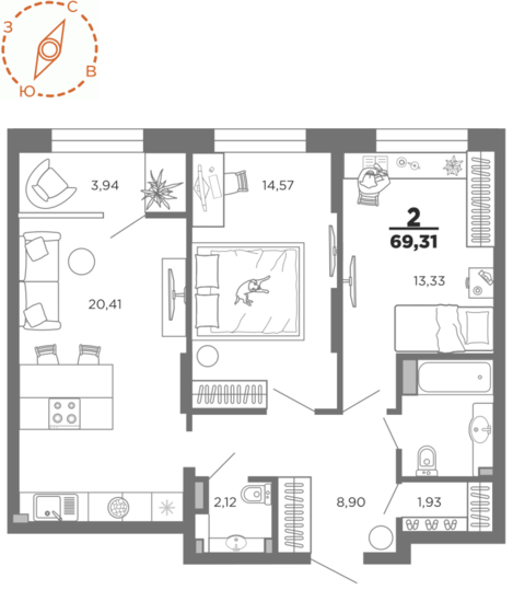 69,3 м², 2-комнатная квартира 9 531 142 ₽ - изображение 1
