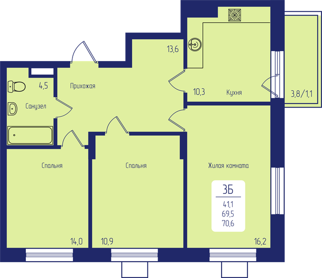 70,6 м², 3-комнатная квартира 9 954 600 ₽ - изображение 1