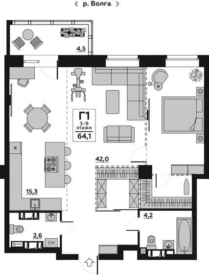 63,9 м², 1-комнатная квартира 8 100 000 ₽ - изображение 1