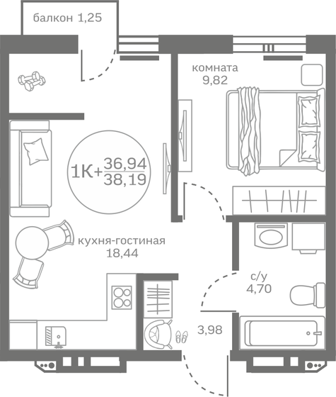 36,9 м², 1-комнатная квартира 4 880 000 ₽ - изображение 1