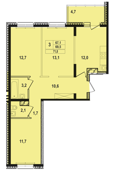 71,6 м², 3-комнатная квартира 7 231 600 ₽ - изображение 1