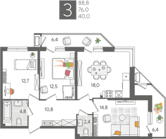 Квартира 88,8 м², 3-комнатная - изображение 2