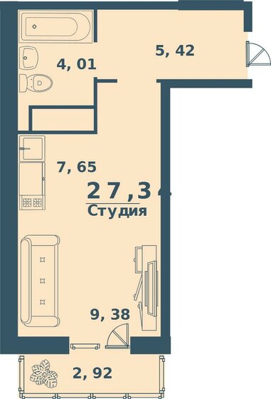 27,3 м², 1-комнатная квартира 2 734 000 ₽ - изображение 1