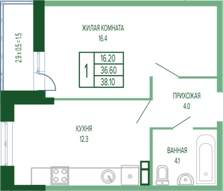 Квартира 38,1 м², 1-комнатная - изображение 1