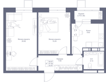 61,1 м², 2-комнатная квартира 11 609 000 ₽ - изображение 51