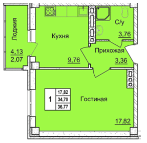 Квартира 36,8 м², 1-комнатная - изображение 1