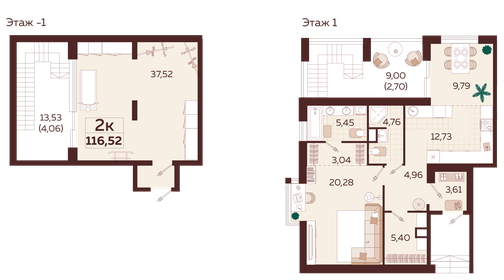 Квартира 116,5 м², 2-комнатная - изображение 1