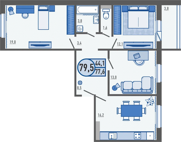 79,5 м², 3-комнатная квартира 6 169 200 ₽ - изображение 12