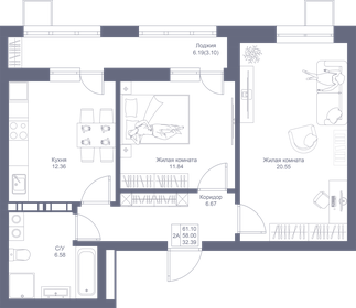 Квартира 61,1 м², 2-комнатная - изображение 1