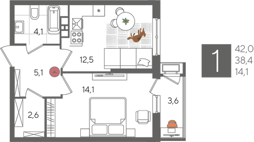 Квартира 42 м², 1-комнатная - изображение 2