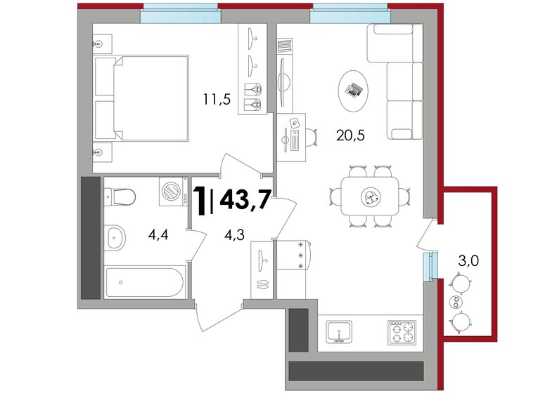 43,7 м², 1-комнатная квартира 5 028 950 ₽ - изображение 1