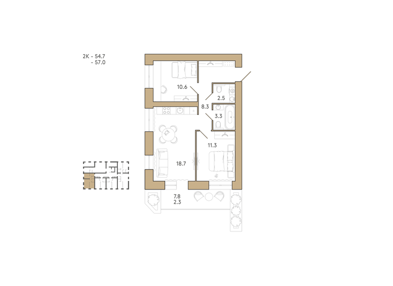 57 м², 2-комнатная квартира 6 555 000 ₽ - изображение 1