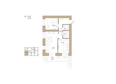 Квартира 57 м², 2-комнатная - изображение 1