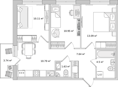 Квартира 58,2 м², 3-комнатная - изображение 1