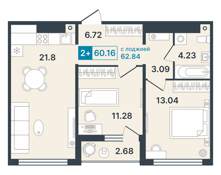 60,2 м², 2-комнатная квартира 9 390 000 ₽ - изображение 1