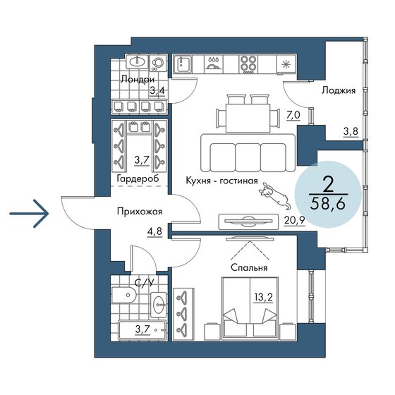 58,6 м², 2-комнатная квартира 10 489 400 ₽ - изображение 1