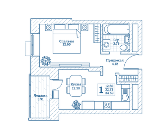 Квартира 34,7 м², 1-комнатная - изображение 1