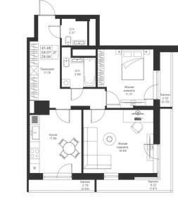 53,2 м², 2-комнатная квартира 11 750 000 ₽ - изображение 6