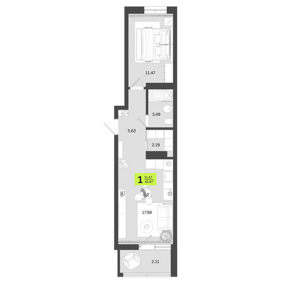 42,9 м², 1-комнатная квартира 7 073 550 ₽ - изображение 1