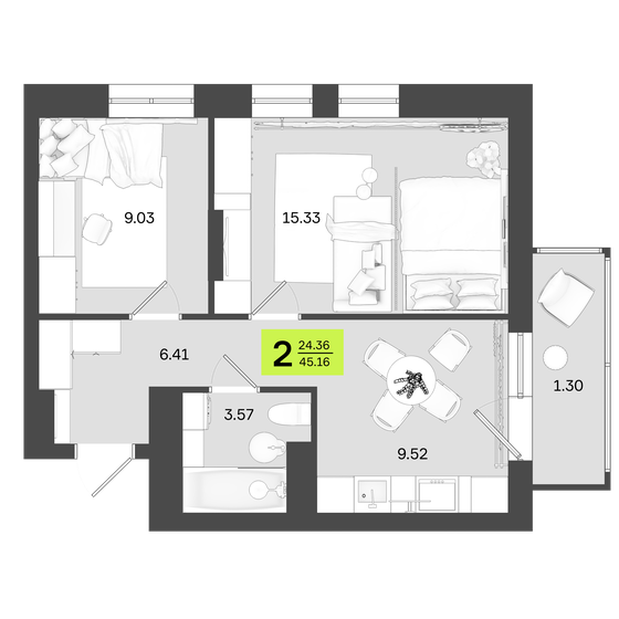 45,2 м², 2-комнатная квартира 7 451 400 ₽ - изображение 1