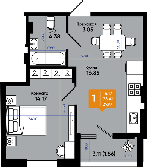 39,3 м², 1-комнатная квартира 4 283 700 ₽ - изображение 1