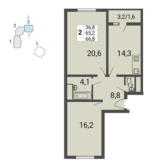 66,8 м², 2-комнатная квартира 14 246 720 ₽ - изображение 1