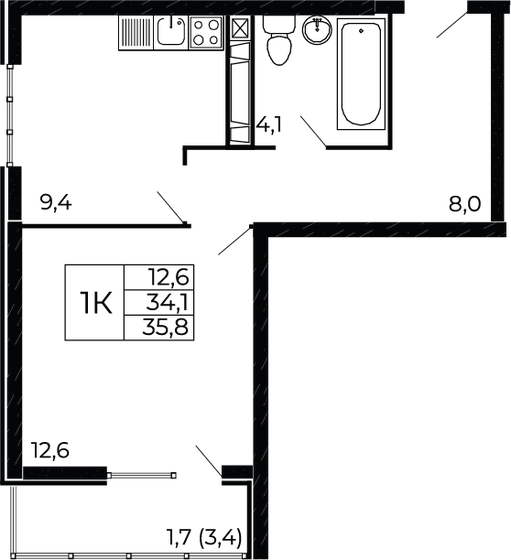 35,8 м², 1-комнатная квартира 4 242 300 ₽ - изображение 1