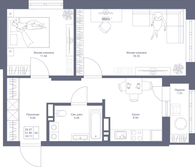 53,1 м², 2-комнатная квартира 10 781 330 ₽ - изображение 1