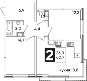 Квартира 60,7 м², 2-комнатная - изображение 2