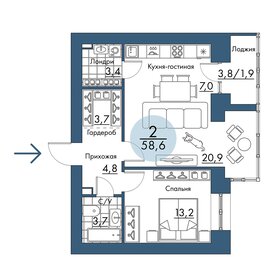 Квартира 58,6 м², 2-комнатная - изображение 1