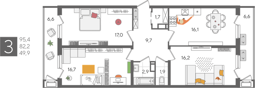 95,5 м², 3-комнатная квартира 16 244 550 ₽ - изображение 21