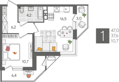 Квартира 47 м², 1-комнатная - изображение 2