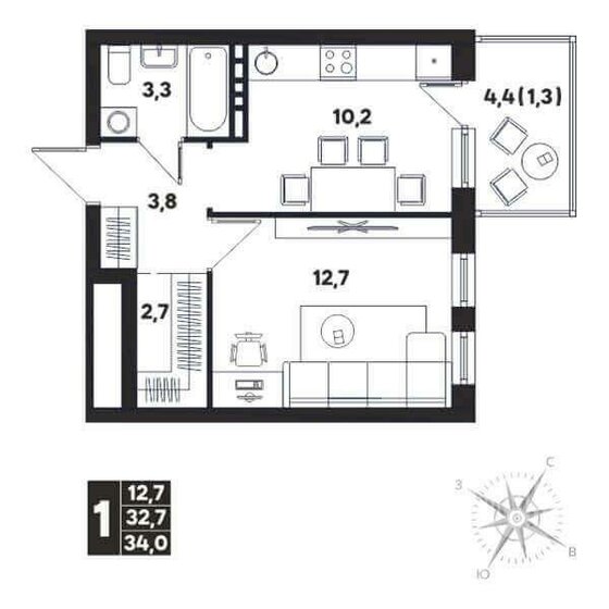 39,4 м², 1-комнатная квартира 5 200 000 ₽ - изображение 17