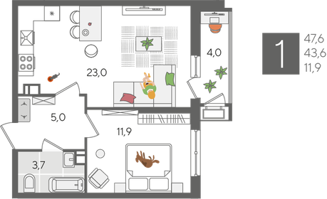 47,6 м², 1-комнатная квартира 11 666 760 ₽ - изображение 59