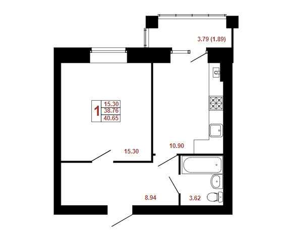 38,8 м², 1-комнатная квартира 3 156 900 ₽ - изображение 1